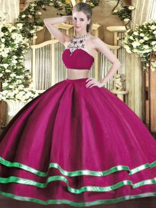 Fuchsia Two Pieces Beading 15 Quinceanera Dress Backless Tulle Sleeveless Floor Length