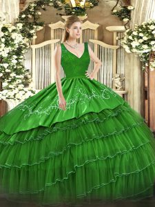 Stylish Green Organza and Taffeta Backless Quinceanera Dress Sleeveless Floor Length Beading and Lace and Embroidery and Ruffled Layers