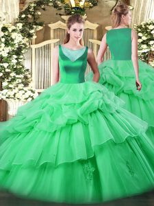 Latest Apple Green Sleeveless Beading and Appliques and Pick Ups Floor Length Quinceanera Gown