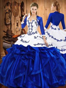 New Style Sleeveless Satin and Organza Floor Length Lace Up Sweet 16 Dresses in Blue with Embroidery and Ruffles