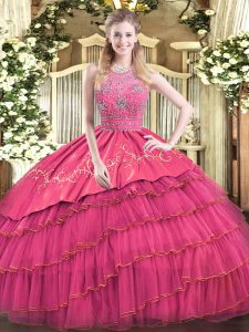 Dramatic Floor Length Hot Pink Vestidos de Quinceanera Satin and Tulle Sleeveless Beading and Embroidery and Ruffled Layers