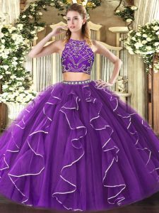 Custom Designed Purple Two Pieces High-neck Sleeveless Tulle Floor Length Zipper Beading and Ruffles Vestidos de Quinceanera