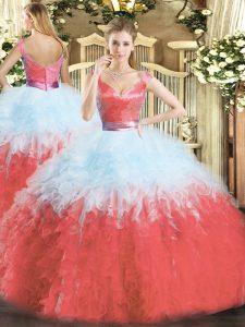 Floor Length Multi-color Vestidos de Quinceanera V-neck Sleeveless Zipper