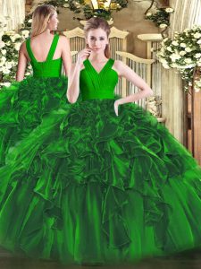 Low Price Floor Length Dark Green 15th Birthday Dress Organza Sleeveless Ruffles