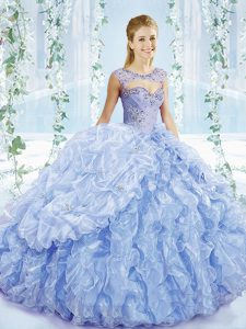 Sexy Blue Lace Up Sweetheart Beading and Ruffles and Pick Ups Sweet 16 Quinceanera Dress Organza Sleeveless Brush Train