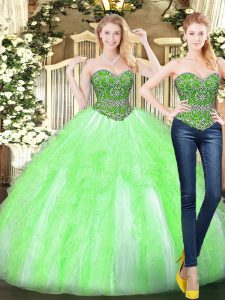 Floor Length Lace Up Quinceanera Gowns Yellow Green for Military Ball and Sweet 16 and Quinceanera with Beading and Ruffles