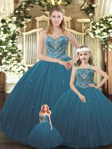 Teal Tulle Lace Up Sweetheart Sleeveless Floor Length 15 Quinceanera Dress Beading