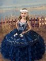 Navy Blue Organza Lace Up Straps Sleeveless Floor Length Child Pageant Dress Embroidery and Ruffled Layers