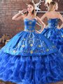 Blue Satin and Organza Sleeveless Floor Length 15th Birthday Dress Embroidery