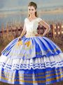 V-neck Sleeveless Ball Gown Prom Dress Asymmetrical Embroidery and Ruffled Layers Blue And White Satin