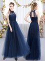 Sumptuous Appliques Bridesmaid Gown Navy Blue Lace Up Sleeveless Floor Length