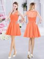 Orange Sleeveless Mini Length Lace and Ruching Side Zipper Dama Dress for Quinceanera