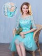 Scoop Knee Length Aqua Blue Dama Dress for Quinceanera Tulle Half Sleeves Lace and Appliques and Bowknot