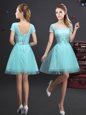 Aqua Blue Lace Up Bridesmaid Dress Lace and Appliques and Belt Short Sleeves Mini Length