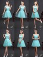 Aqua Blue Tulle Lace Up High-neck Sleeveless Mini Length Wedding Guest Dresses Beading and Lace and Appliques and Belt