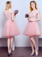 Pink Lace Up Off The Shoulder Beading and Lace Court Dresses for Sweet 16 Tulle Sleeveless