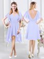 Short Sleeves High Low Ruching Zipper Bridesmaid Dress with Lavender