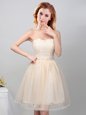 Custom Fit Champagne A-line Tulle Sweetheart Sleeveless Lace and Appliques Mini Length Lace Up Bridesmaid Dress