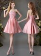 Appliques and Bowknot Bridesmaid Dress Pink Lace Up Sleeveless Mini Length