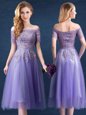 Off the Shoulder Short Sleeves Tulle Tea Length Zipper Wedding Guest Dresses in Lavender for with Beading and Lace