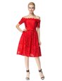 Sweet Off the Shoulder Red Sleeveless Lace Zipper Dress for Prom for Prom and Party