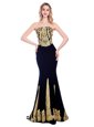 Unique Black Mermaid Satin Strapless Sleeveless Appliques With Train Zipper Prom Dress Sweep Train