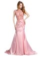 Vintage Mermaid Scoop With Train Backless Baby Pink and In for Prom and Party with Beading Brush Train