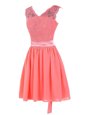Watermelon Red V-neck Zipper Lace and Sashes|ribbons Dress for Prom Sleeveless