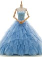 Glittering With Train A-line Sleeveless Baby Blue Wedding Gown Court Train Lace Up