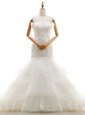 Mermaid White Organza Clasp Handle Wedding Dresses Sleeveless With Brush Train Beading and Lace and Ruffled Layers