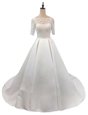 Hot Selling White Satin Zipper Scalloped Half Sleeves With Train Wedding Gown Chapel Train Lace