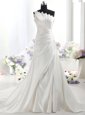 White Column/Sheath Satin One Shoulder Sleeveless Ruffles With Train Zipper Wedding Dress Chapel Train