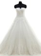 White Sleeveless With Train Lace and Appliques Clasp Handle Wedding Dresses