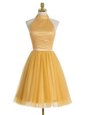 Gold A-line Organza High-neck Sleeveless Beading Mini Length Zipper Dress for Prom