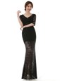 Black Scoop Zipper Lace Prom Dresses Half Sleeves