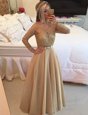 Beautiful Long Sleeves Chiffon Floor Length Zipper Evening Dress in Champagne for with Beading and Lace