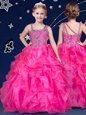 Asymmetric Sleeveless Flower Girl Dresses Floor Length Beading and Ruffles Hot Pink Organza
