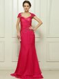 Cap Sleeves Chiffon With Train Sweep Train Backless Prom Gown in Hot Pink for with Beading