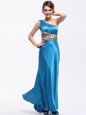 Dynamic One Shoulder Baby Blue Side Zipper Prom Gown Ruching Sleeveless Floor Length