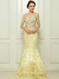 Custom Made Mermaid Light Yellow Side Zipper Dress for Prom Beading and Hand Made Flower Sleeveless With Brush Train