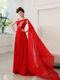 One Shoulder Red Chiffon Zipper Prom Dress Sleeveless With Train Court Train Beading and Ruching