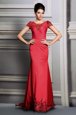 Scoop Red Short Sleeves Satin Court Train Clasp Handle Prom Dress for Prom and Party