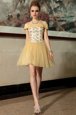 Spaghetti Straps Cap Sleeves Club Wear Mini Length Beading Gold Organza