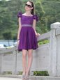 Scoop Purple Sleeveless Knee Length Beading and Hand Made Flower Zipper Prom Gown