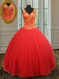 Glorious Rust Red V-neck Neckline Beading and Appliques 15th Birthday Dress Sleeveless Zipper