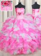 Strapless Sleeveless Sweet 16 Dress Floor Length Beading and Ruffles and Hand Made Flower Pink And White Organza and Tulle