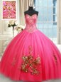 Trendy Floor Length Hot Pink Sweet 16 Dress Tulle Sleeveless Beading and Appliques