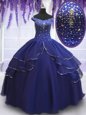 Beauteous Royal Blue Ball Gowns Organza Off The Shoulder Sleeveless Beading and Ruffled Layers and Sequins Floor Length Lace Up Quinceanera Dresses
