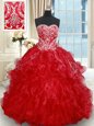 Sleeveless Organza Brush Train Lace Up Sweet 16 Quinceanera Dress in Red for with Beading and Embroidery and Ruffled Layers