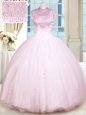 Baby Pink Ball Gowns Beading Sweet 16 Dress Lace Up Satin and Tulle Sleeveless Floor Length